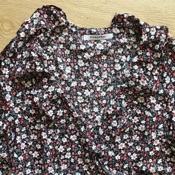 Whimsigoth Wrap Blouse Small Ruffle Bell Sleeve Moody Floral - Picture 6 of 13